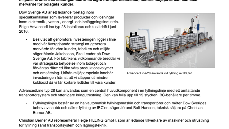 Christian Berner AB levererar fyllningslinje  för fyllning av IBC-behållare till Dow Sverige AB i Landskrona