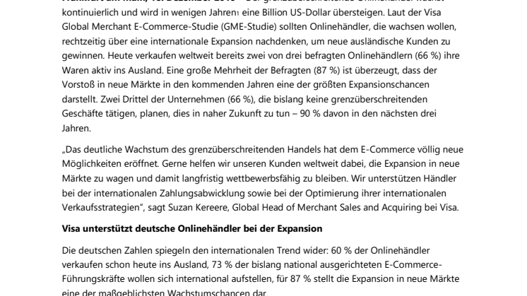 Weltweite Visa Studie: Grenzüberschreitender Handel ist Wachstumstreiber für E-Commerce