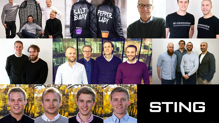 Teamen i STING Accelerate våren 2017 (från vänster, övre raden): Wehype, Elly Pistol, Adoveo, Newsvoice, Vyer Technologies, Privlic, Medpeople och Just Football