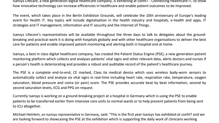 Isansys Lifecare to showcase its wireless patient monitoring technology which is helping save lives