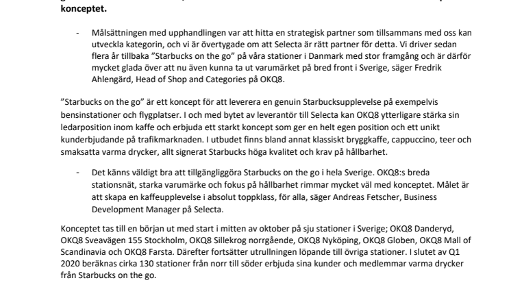 Avtal med Selecta ger OKQ8 ensamrätt på ”Starbucks on the go” 