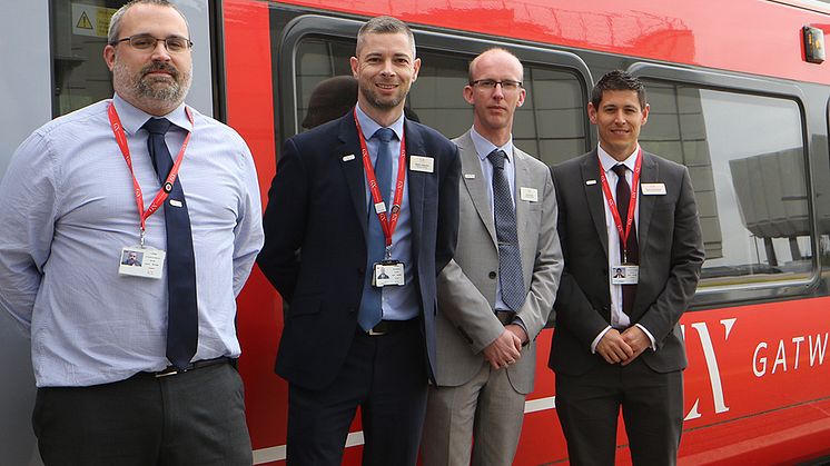 Train - from left, Tim Aveline, On-Board Services Manager, Stephen Darbyshire, Operations Manager, David Stronell, Area Station Manager, Stephen MacCallaugh, Head of Gatwick Express