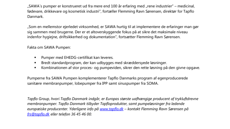 Tapflo - Ny forhandler af SAWA-pumper.