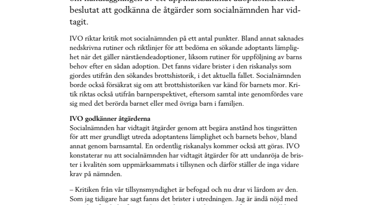 IVO godkänner socialnämndens åtgärder gällande adoptionsärende