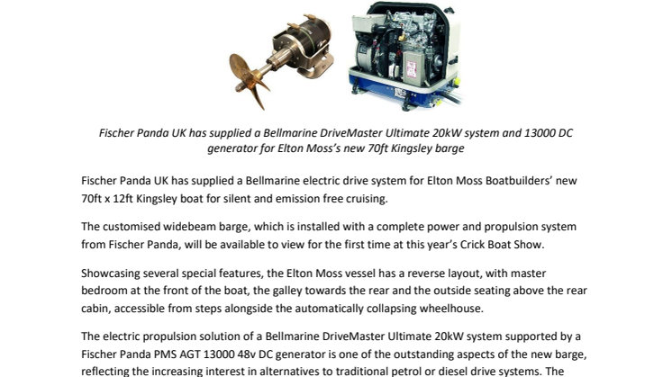 Fischer Panda UK Supplies Bellmarine Electric Drive System for  New Elton Moss Widebeam Barge