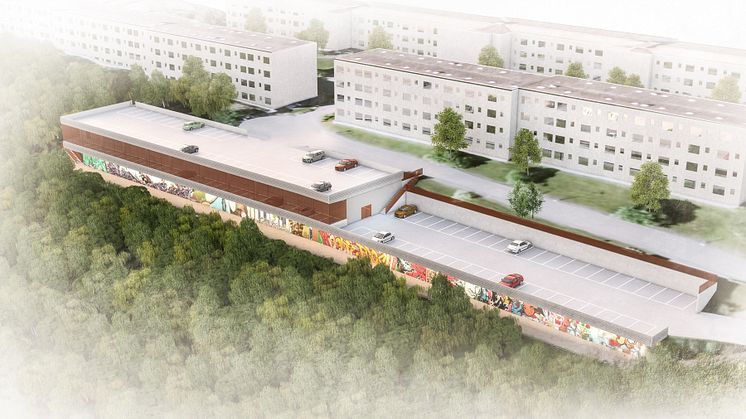 Garage  på Saturnusgatan i Bergsjön med laglig graffitivägg