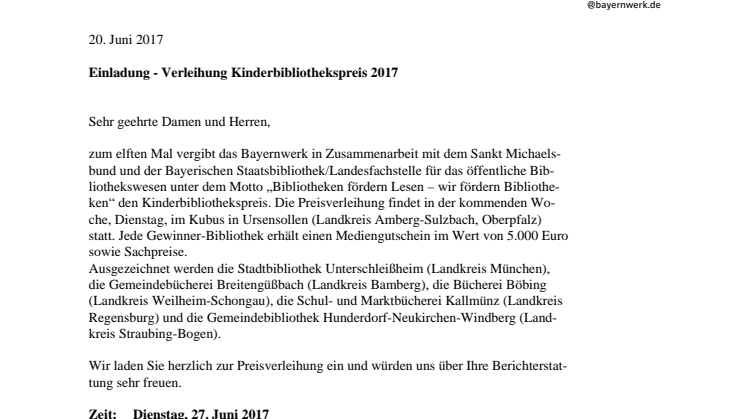 Einladung - Verleihung Kinderbibliothekspreis 2017