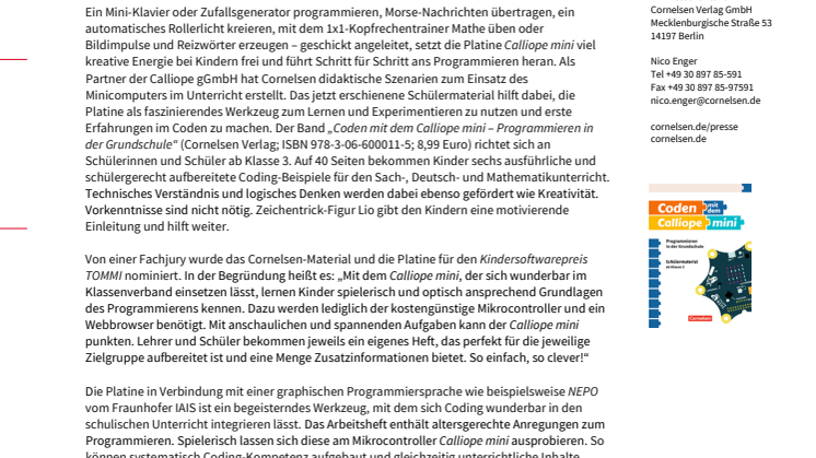 Cornelsen veröffentlicht Schülermaterial für den Einsatz des Minicomputers Calliope mini in der Grundschule unter freier OER-Lizenz