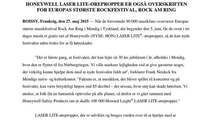 Honeywell LASER LITE-ørepropper er også overskriften for Europas største rockfestival, Rock am Ring 
