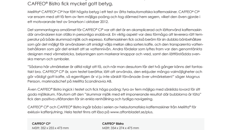 Melitta® CAFFEO® CI® bäst i test – igen!