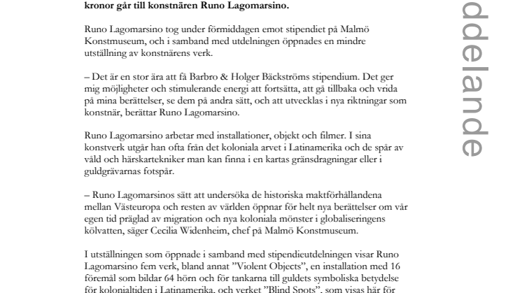 ​Runo Lagomarsino årets mottagare av Barbro & Holger Bäckströms stipendium