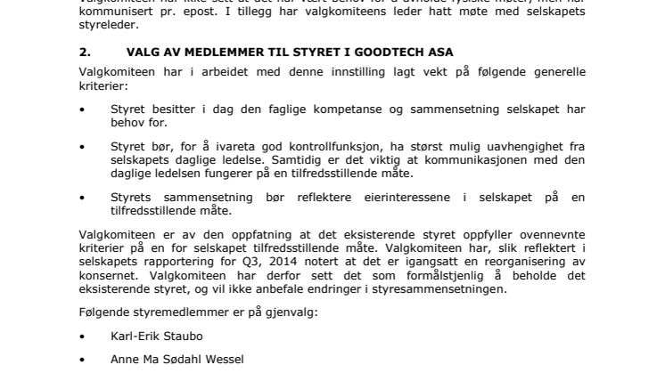 Valgkomiteens innstilling