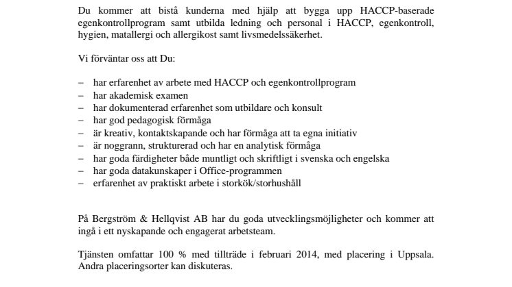 Vi söker utbildare och konsult livsmedelssäkerhet