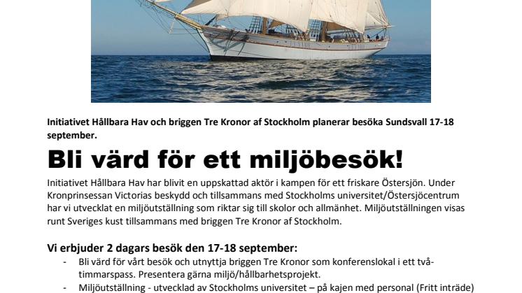 Initiativet Hållbara Hav och briggen Tre Kronor besöker Sundsvall 17-18 september