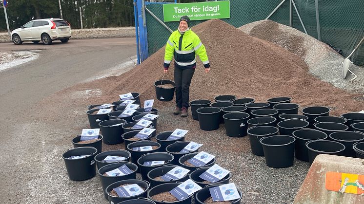 Sandra Johansson vid en tidigare utdelning av vintergrus. Nu hälsar hon dig välkommen igen den 1 och 2 mars. Foto Roy Westerlund, Västerås stad