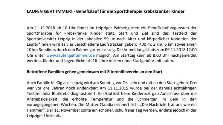 LAUFEN GEHT IMMER! - Benefizlauf für die Sporttherapie krebskranker Kinder