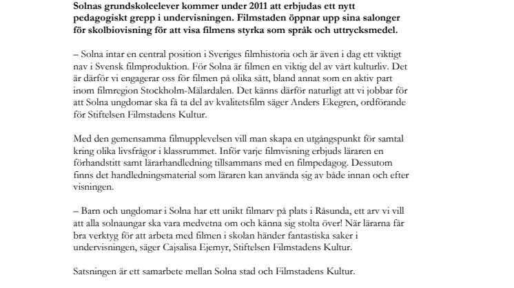 Solna satsar på skolbio i Filmstaden
