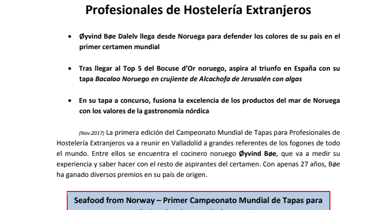 La esperanza noruega para el Primer Campeonato Mundial de Tapas para Profesionales de Hostelería Extranjeros