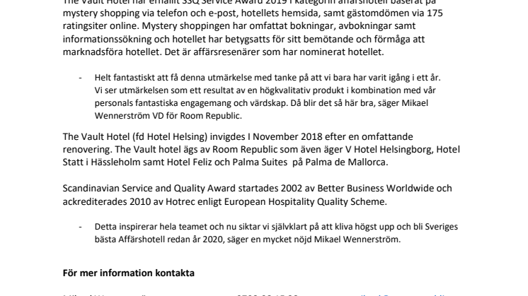The Vault Hotel Sveriges tredje bästa affärshotell 2019