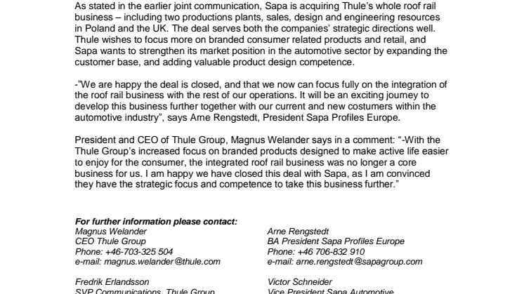The deal is closed – Sapa acquires integrated roof rail business from Thule