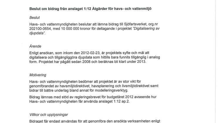 Beslut om bidrag till Digitalisering av djupdata