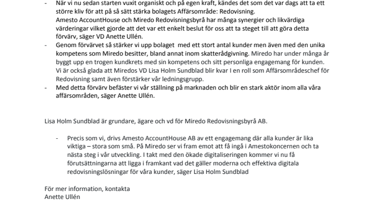 AMESTO ACCOUNTHOUSE AB FÖRVÄRVAR MIREDO REDOVISNINGSBYRÅ AB