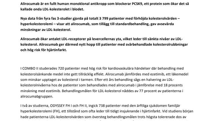 Sanofi presenterar positiva resultat för kolesterolsänkaren alirocumab