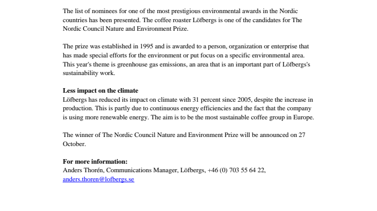 Löfbergs is up for The Nordic Council Nature and Environment Prize