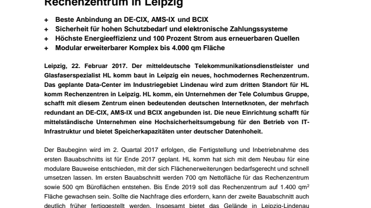 HL komm baut hochmodernes  Rechenzentrum in Leipzig