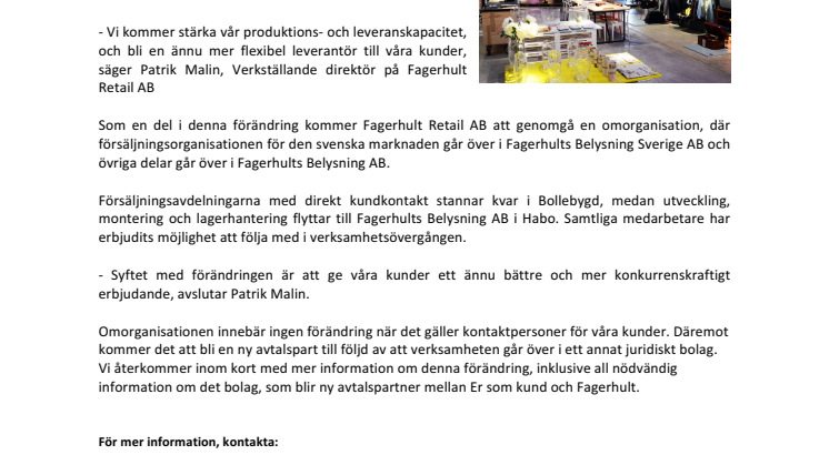 Fagerhult increases the focus on Retail