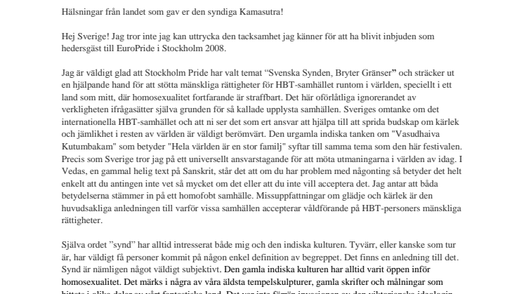 Invigningstal Prins Manvendra Singh Gohil - svensk översättning