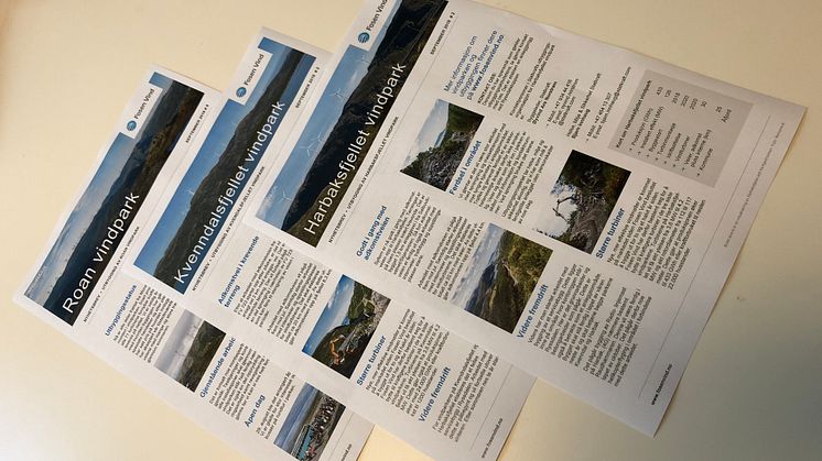 Tre nyhetsbrev på vei til naboer av Roan, Harbaksfjellet og  Kvenndalsfjellet vindparker