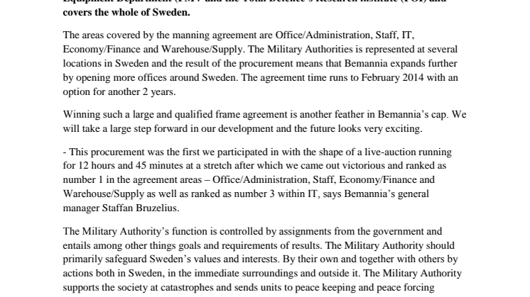 Bemannia wins procurement for 400 million SEK to the Military Authorities
