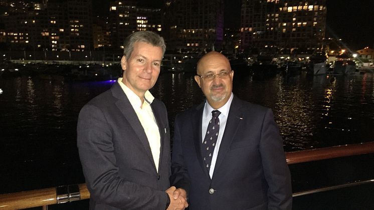 Inmarsat has appointed SSI-Monaco as a reseller of its Fleet Xpress service. Pictured at Monaco Yacht Show are (L-R): Inmarsat's Rob Myers and Dr. Ilhami Aygun, from SSI-Monaco 
