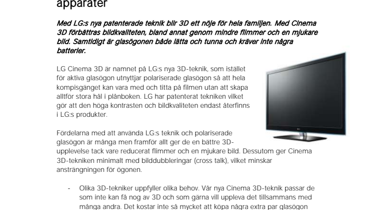 3D till alla: unik Cinema 3D-teknik i LG:s nya TV-apparater