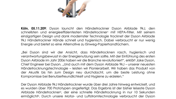 Dyson bringt den Airblade 9kJ auf den Markt  – den schnellsten und energieeffizientesten Händetrockner mit HEPA-Filter 