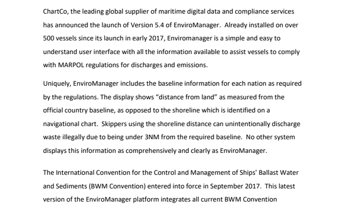 ChartCo- CHARTCO INTRODUCES ENVIROMANAGER v5.4 AT EUROPORT 