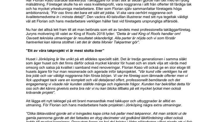Bankeryds Takläggare vinner utmärkelsen Sveriges bästa takläggare 2018 i Moniers årliga tävling