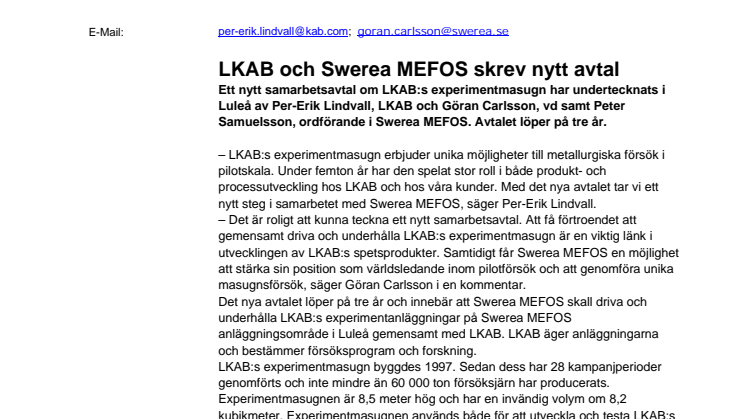 LKAB och Swerea MEFOS skrev nytt avtal