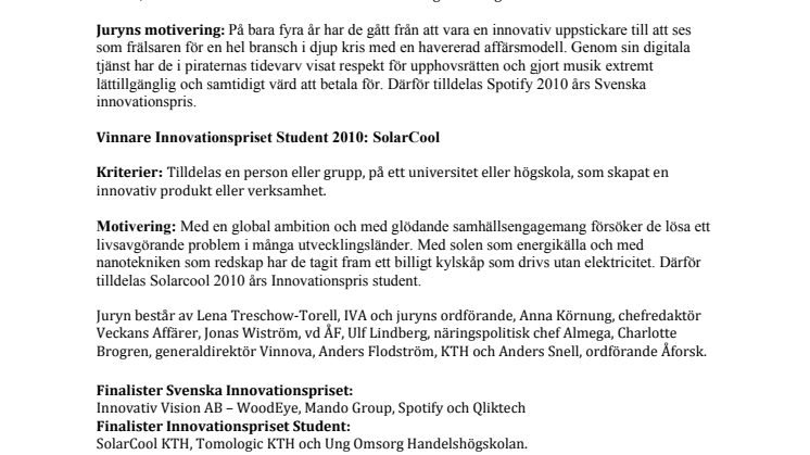 SVENSKA INNOVATIONSPRISET TILLDELAS SPOTIFY OCH SOLARCOOL