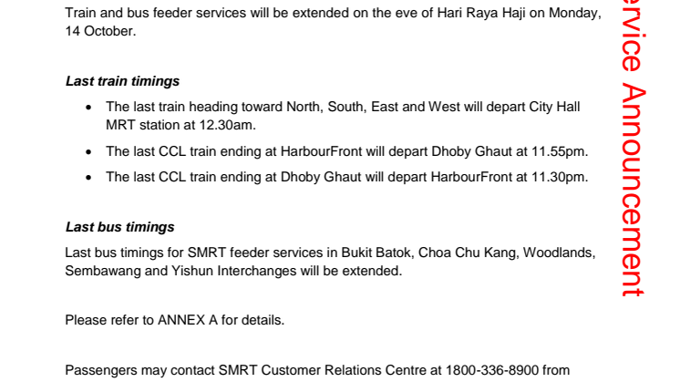 SMRT extends trains and bus service hours for Hari Raya Haji