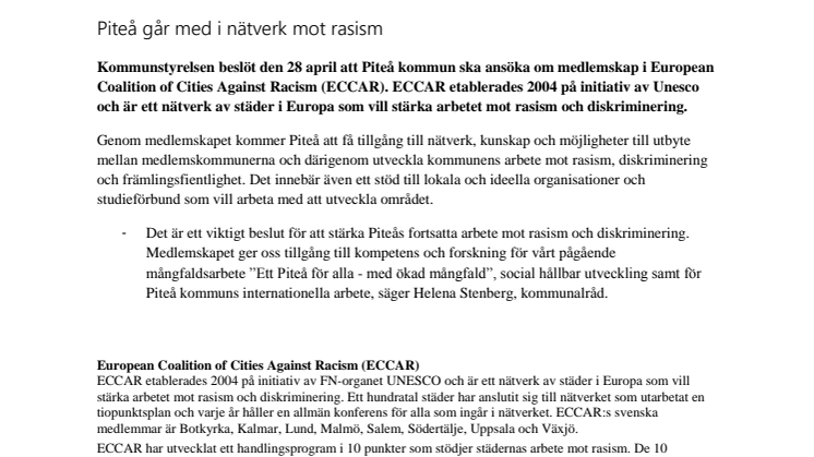Piteå går med i nätverk mot rasism