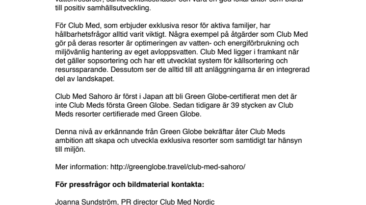 Club Med får Japans första Green Globe-utmärkelse