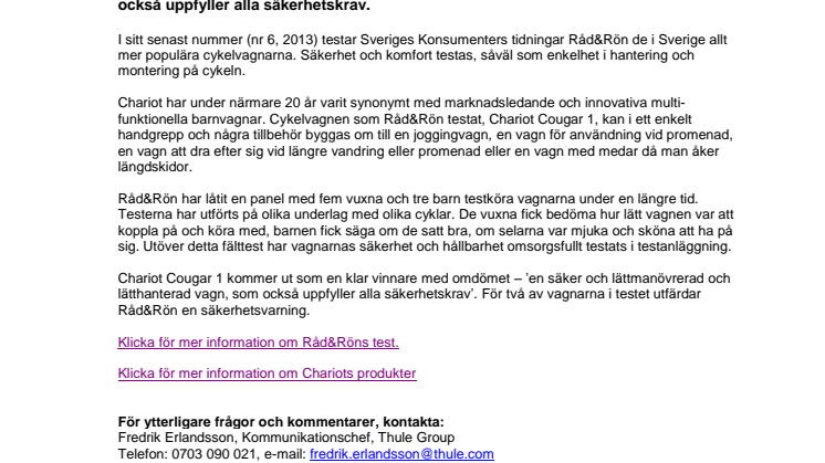 Chariot Cougar 1 utnämnd till bästa cykelvagnen i Råd&Röns senaste test