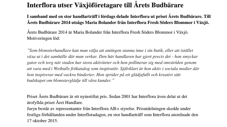 Interflora utser Växjöföretagare till Årets Budbärare