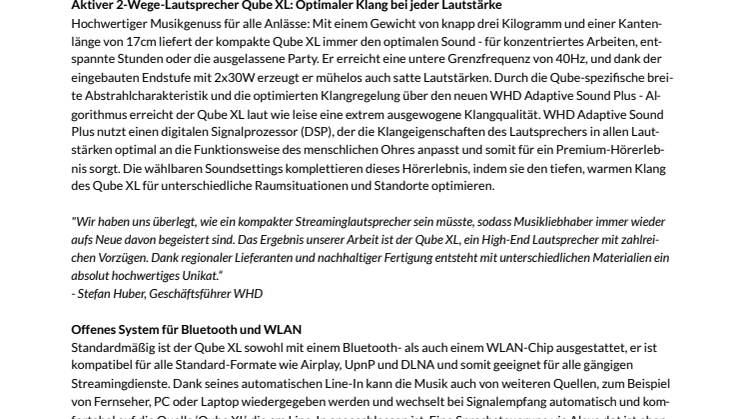 Neuer High-End-Streaminglautsprecher Qube XL liefert bei jeder Lautstärke ein einzigartiges Klangerlebnis, nachhaltige Fertigung Made in Germany