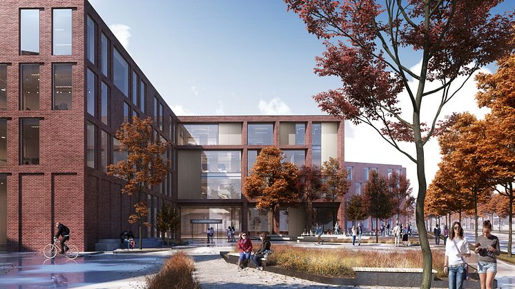 Planförslaget utgår från ett vinnande tävlingsbidrag från Wingårdh Arkitektkontor och AAART Architects. Här skolan sedd från Svanevägen. 