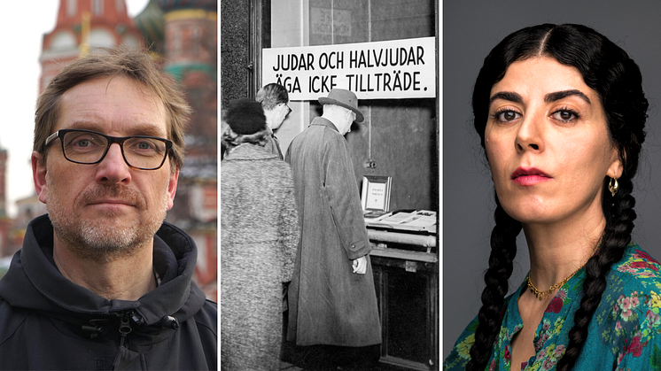 Black Ribbon Day på Stadsbiblioteket gästas bland annat av författarna Per Enerud och Ala Riani som belyser två totalitära regimer. Foto: Privat (Enerud), Historisk bildbyrå Karl Sandels samling (skyltfönster), och Viktor Gårdsäter (Riani).