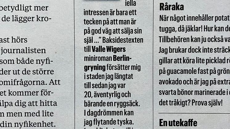 Valle Wigers bok "Berlingryning" rekommenderad i tidningen Faktum