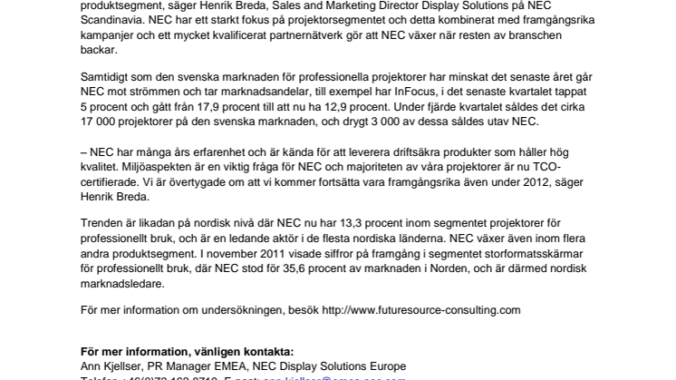 NEC störst i Sverige på projektorer 